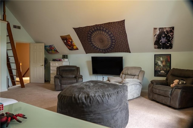living area featuring carpet floors, vaulted ceiling, and visible vents