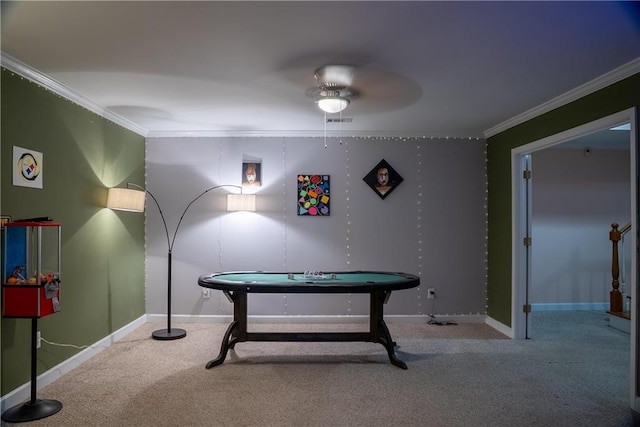 game room with crown molding, carpet floors, baseboards, and a ceiling fan