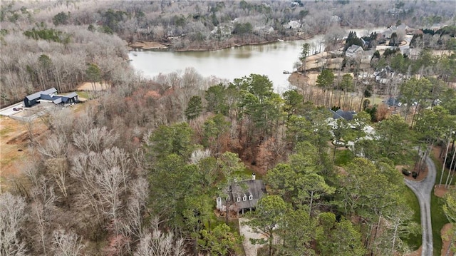 bird's eye view with a water view and a forest view