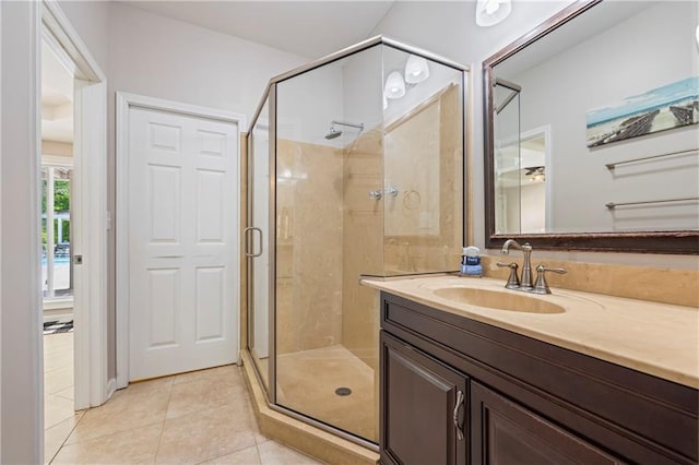full bathroom with vanity, tile patterned floors, and a stall shower