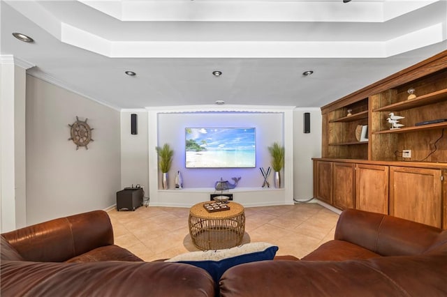 living area featuring ornamental molding and light tile patterned flooring