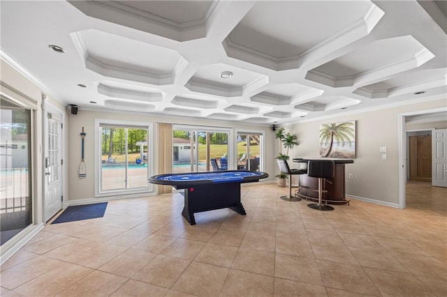 recreation room featuring crown molding, baseboards, billiards, light tile patterned floors, and coffered ceiling