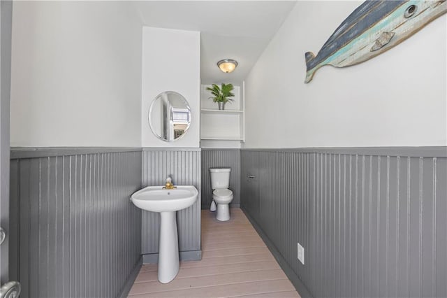 bathroom with wood finished floors, a sink, a wainscoted wall, and toilet