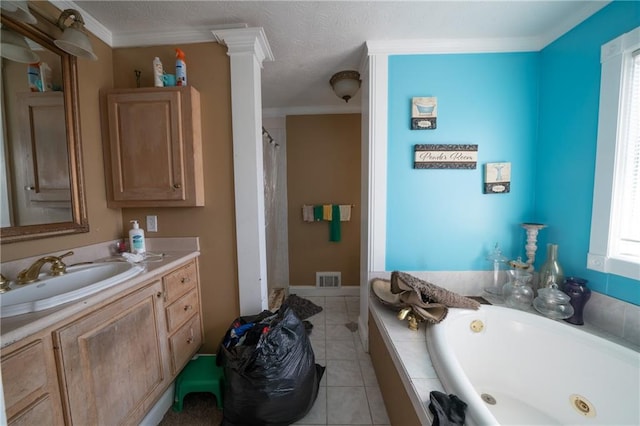 bathroom with a healthy amount of sunlight, tile patterned floors, crown molding, vanity, and independent shower and bath