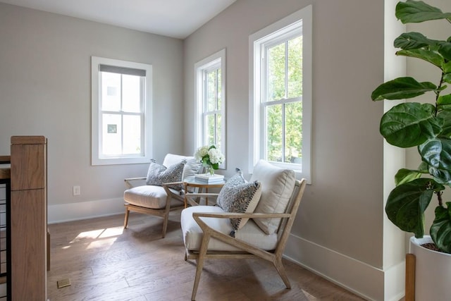 living area featuring baseboards, wood finished floors, and a healthy amount of sunlight
