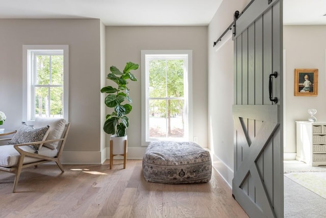 living area featuring baseboards, a barn door, and wood finished floors