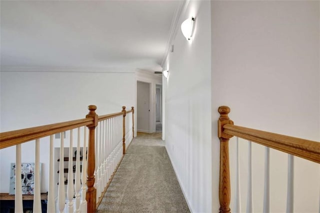 hallway with light carpet and crown molding