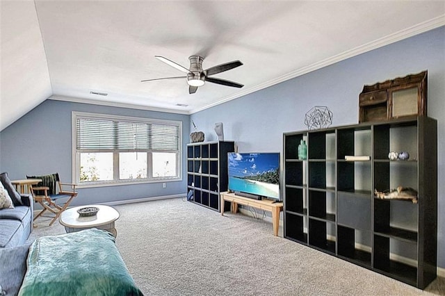 living room with crown molding, lofted ceiling, carpet flooring, and ceiling fan