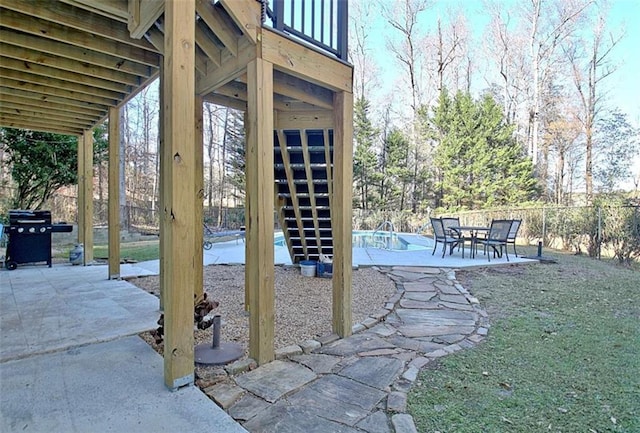 view of patio / terrace featuring a fenced in pool and a grill