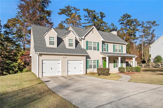 view of front of property featuring a porch, a front yard, and a garage