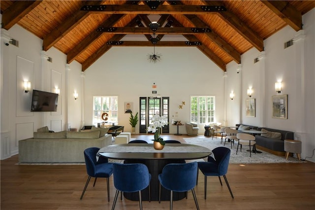 661 Lockton Pl, Sandy Springs, GA 30342 - dining area with high vaulted ceiling, wooden ceiling with exposed beams, and wood finished floors