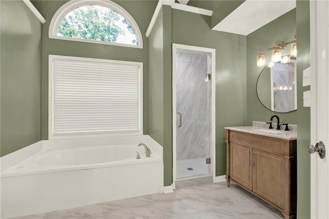 4955 Day Lily Way NW, Acworth, GA 30102 - bathroom featuring marble look tiles, a bath, a shower stall, and vanity