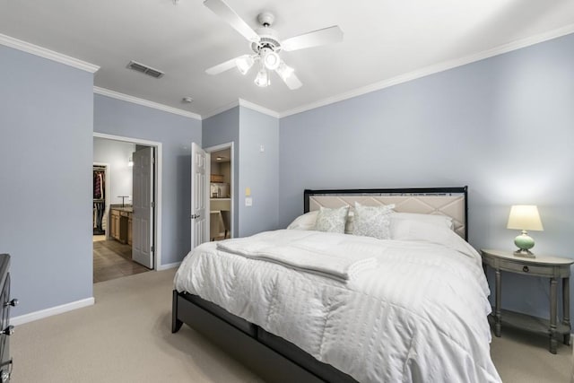 bedroom featuring visible vents, crown molding, baseboards, light colored carpet, and ceiling fan