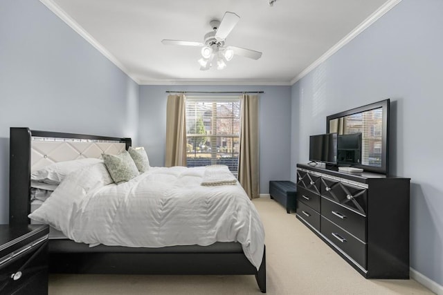 bedroom featuring light carpet, ceiling fan, crown molding, and baseboards