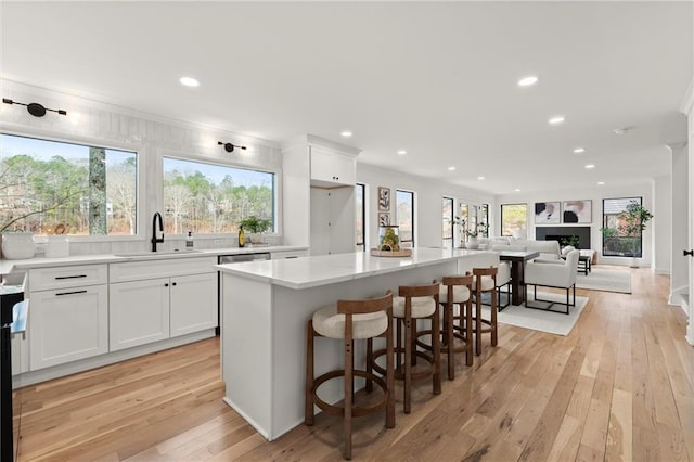 kitchen with a sink, light wood-type flooring, white cabinets, and light countertops