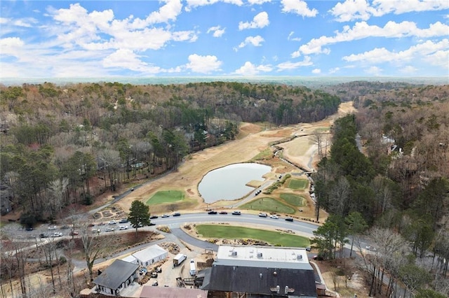 birds eye view of property with a view of trees and a water view