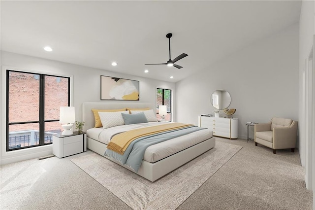 8700 Mount Rushmore Dr, Alpharetta, GA 30022 - carpeted bedroom with a ceiling fan, lofted ceiling, and recessed lighting