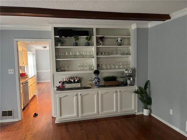 1159 Aurora Ct, Atlanta, GA 30338 - indoor dry bar with dishwasher, wood finished floors, crown molding, beam ceiling, and a textured ceiling