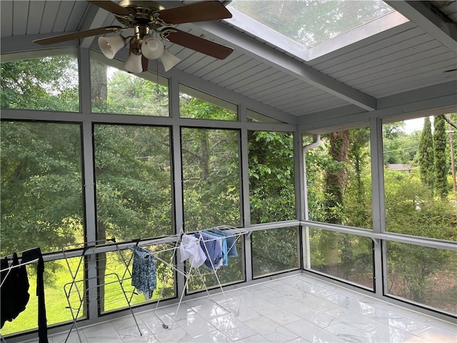1159 Aurora Ct, Atlanta, GA 30338 - unfurnished sunroom featuring a skylight and a ceiling fan