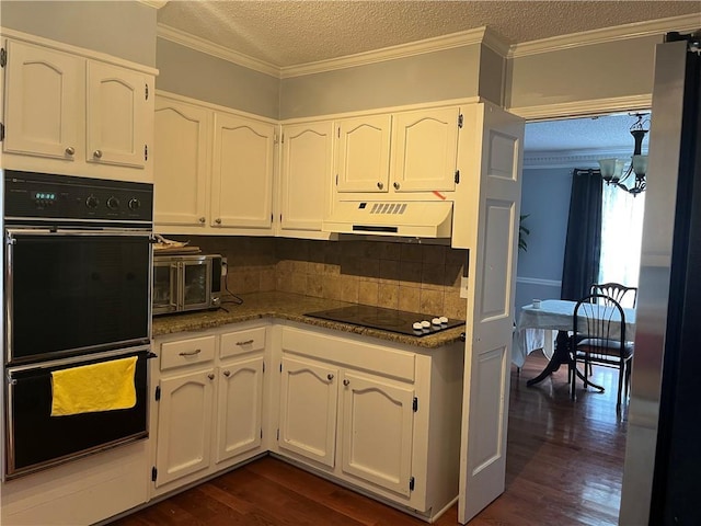 1159 Aurora Ct, Atlanta, GA 30338 - kitchen with black appliances, ventilation hood, dark wood-style floors, white cabinets, and a textured ceiling