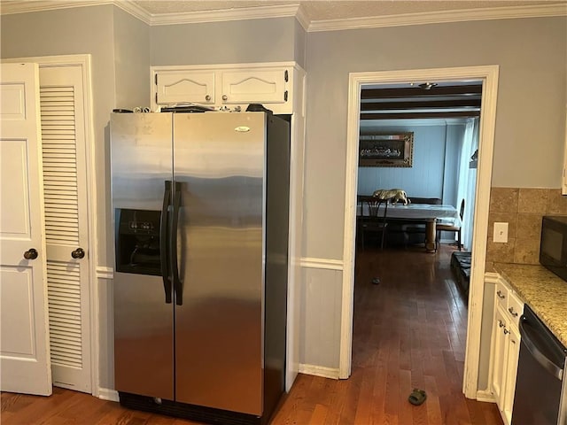 1159 Aurora Ct, Atlanta, GA 30338 - kitchen with stainless steel appliances, white cabinets, dark wood finished floors, ornamental molding, and tasteful backsplash