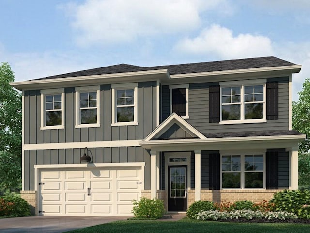 view of front of home with board and batten siding, concrete driveway, a garage, and brick siding