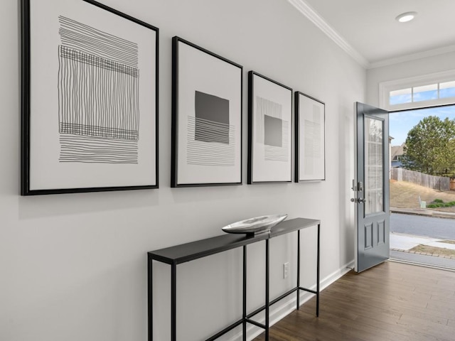 foyer entrance featuring crown molding, baseboards, and wood finished floors