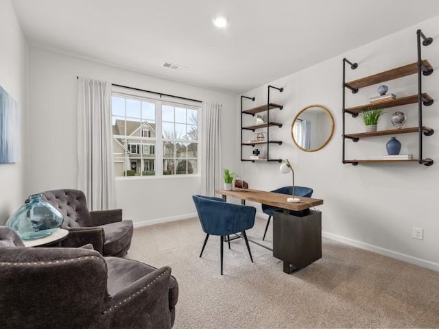 office space with recessed lighting, visible vents, carpet floors, and baseboards