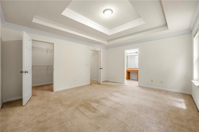 85 Old Gettysburg Way, Dallas, GA 30157 - unfurnished bedroom featuring a tray ceiling, light colored carpet, ornamental molding, a spacious closet, and a textured ceiling