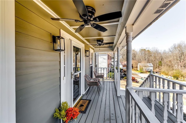 wooden terrace with ceiling fan and visible vents