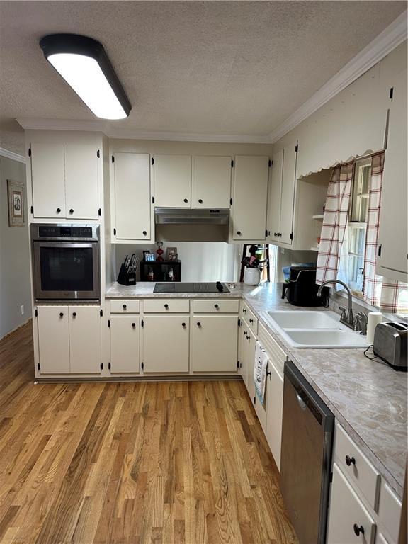 kitchen featuring light wood-type flooring, appliances with stainless steel finishes, sink, and ornamental molding