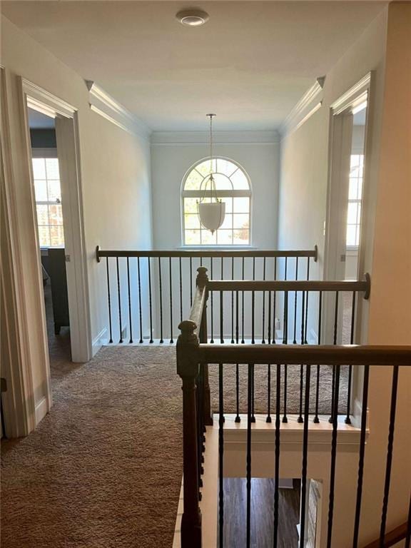 2208 Ginger Lake Dr NE, Conyers, GA 30013 - hall with carpet floors, an upstairs landing, and ornamental molding
