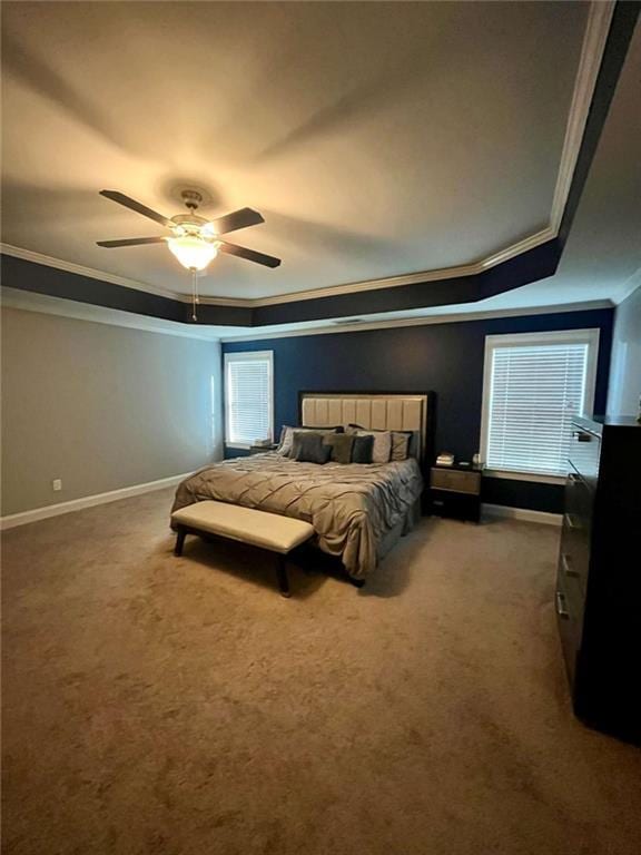 2208 Ginger Lake Dr NE, Conyers, GA 30013 - carpeted bedroom with crown molding, a raised ceiling, ceiling fan, and multiple windows