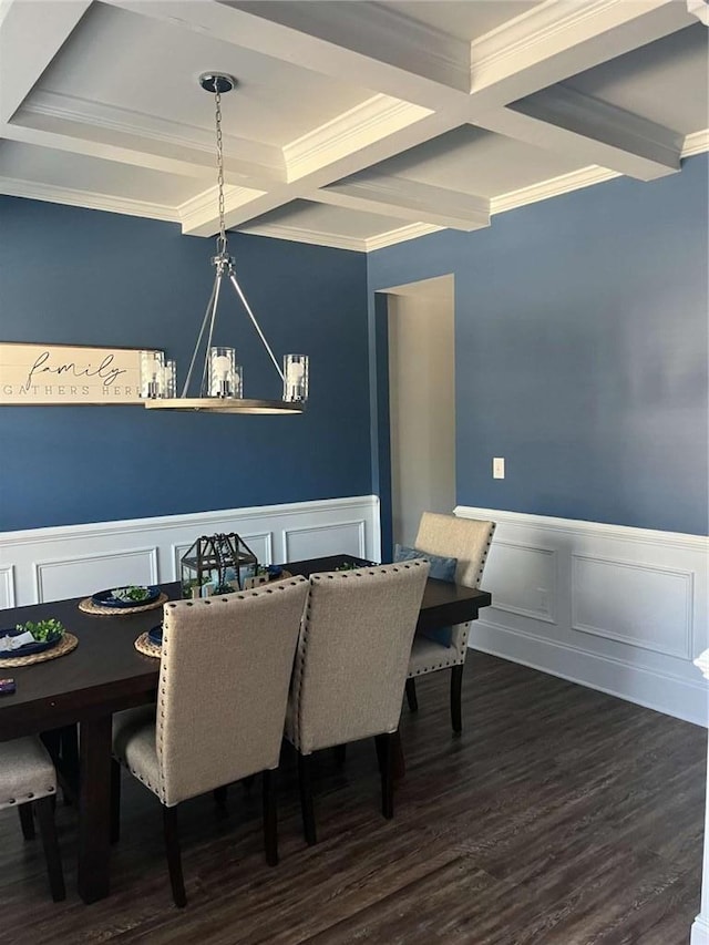 2208 Ginger Lake Dr NE, Conyers, GA 30013 - dining space featuring beamed ceiling, a chandelier, a decorative wall, dark wood finished floors, and crown molding