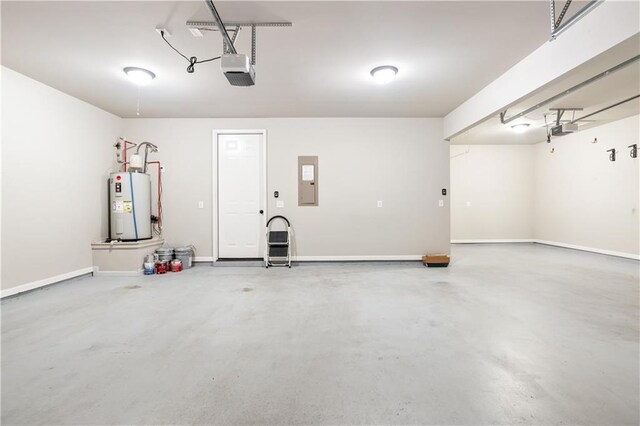 garage with electric water heater, electric panel, and a garage door opener