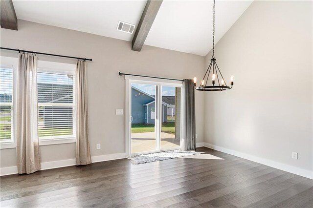 unfurnished dining area featuring vaulted ceiling with beams, dark hardwood / wood-style flooring, and a wealth of natural light