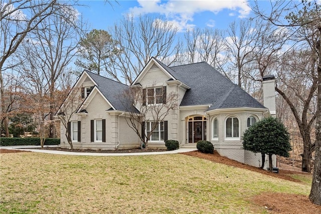 view of front of house with a front lawn, roof with shingles, a chimney, and brick siding