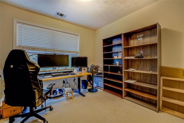 carpeted office space with a textured ceiling