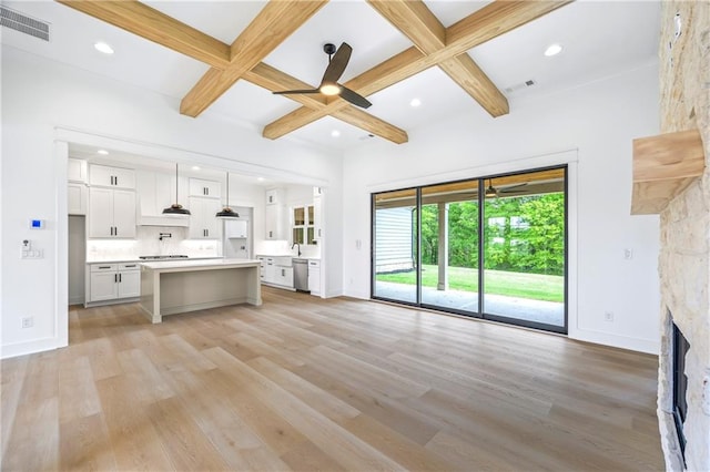 3601 Perry Smith Rd, Monroe, GA 30656 - unfurnished living room with visible vents, a fireplace, beam ceiling, light wood-style floors, and coffered ceiling