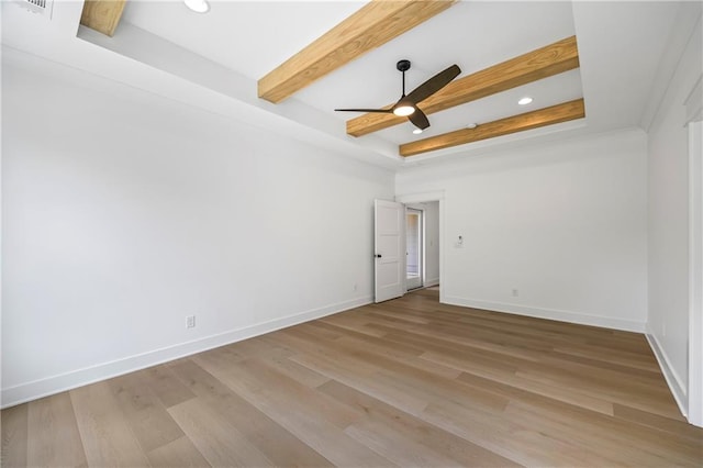 3601 Perry Smith Rd, Monroe, GA 30656 - unfurnished room with ceiling fan, baseboards, beamed ceiling, light wood-style floors, and recessed lighting