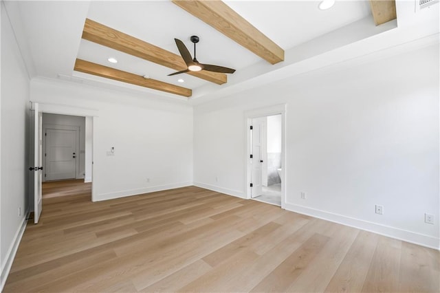 3601 Perry Smith Rd, Monroe, GA 30656 - unfurnished bedroom with light wood-style floors, baseboards, beamed ceiling, and recessed lighting