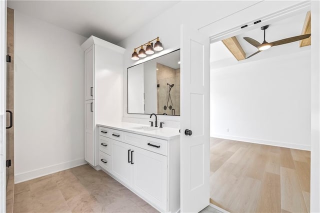 3601 Perry Smith Rd, Monroe, GA 30656 - full bathroom featuring baseboards, a shower stall, ceiling fan, and vanity
