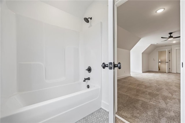 3601 Perry Smith Rd, Monroe, GA 30656 - full bathroom featuring baseboards, shower / bathing tub combination, ceiling fan, and lofted ceiling
