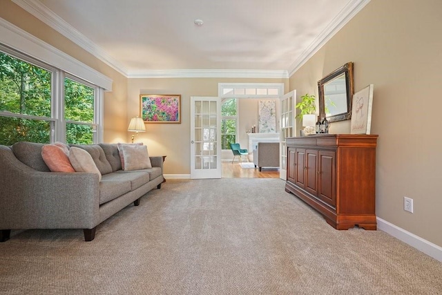 921 Laurel Crest Dr, Woodstock, GA 30189 - living area with baseboards, light carpet, ornamental molding, and french doors