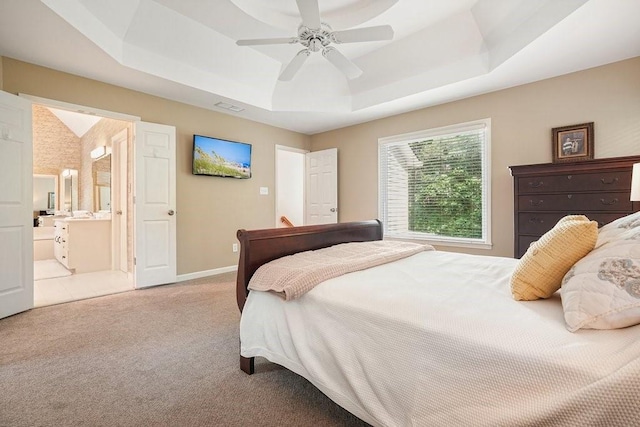 921 Laurel Crest Dr, Woodstock, GA 30189 - bedroom with a raised ceiling, carpet flooring, baseboards, ensuite bathroom, and ceiling fan