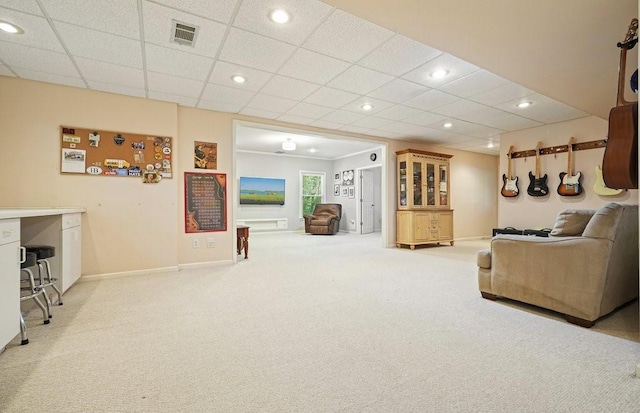 921 Laurel Crest Dr, Woodstock, GA 30189 - carpeted living room with baseboards, a paneled ceiling, and recessed lighting