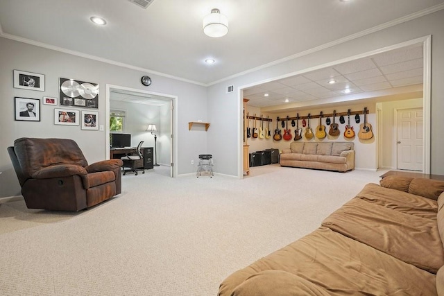 921 Laurel Crest Dr, Woodstock, GA 30189 - living room with carpet floors, an office area, baseboards, ornamental molding, and recessed lighting