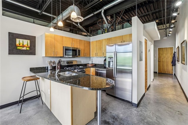 5200 Peachtree Rd Unit 3420, Atlanta, GA 30341 - kitchen with stainless steel appliances, a peninsula, concrete flooring, a towering ceiling, and dark stone countertops