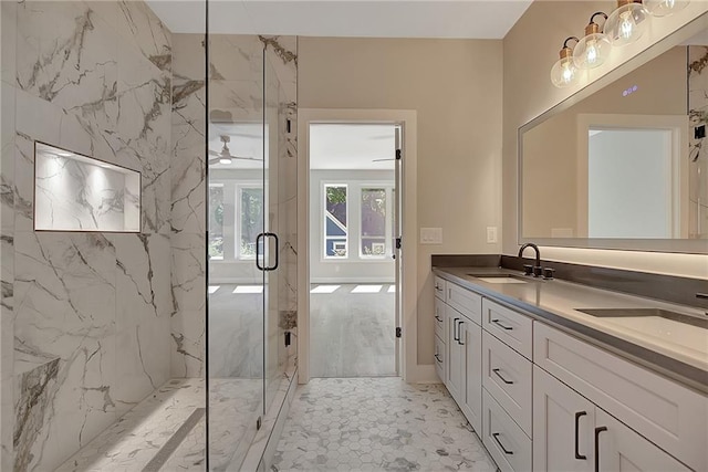 454 Connally St SE, Atlanta, GA 30312 - bathroom with a marble finish shower, double vanity, and ceiling fan