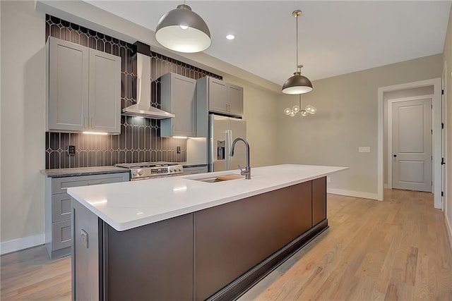 454 Connally St SE, Atlanta, GA 30312 - kitchen featuring stove, wall chimney range hood, decorative backsplash, gray cabinets, and light wood-type flooring